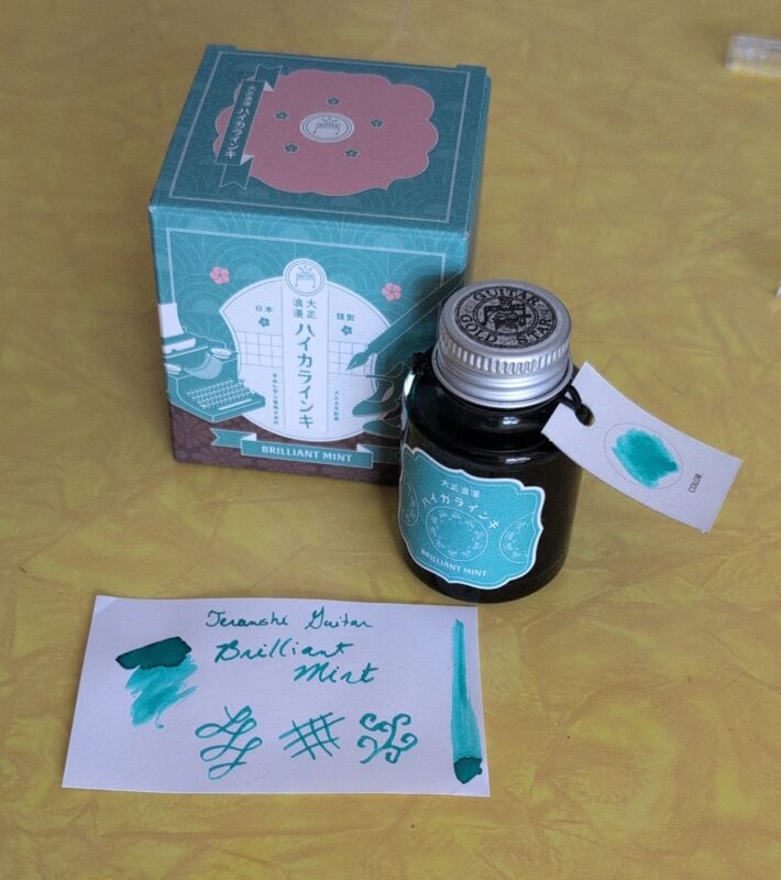 Teranishi Brilliant Mint ink with a swatch showcasing the teal fountain pen ink.
