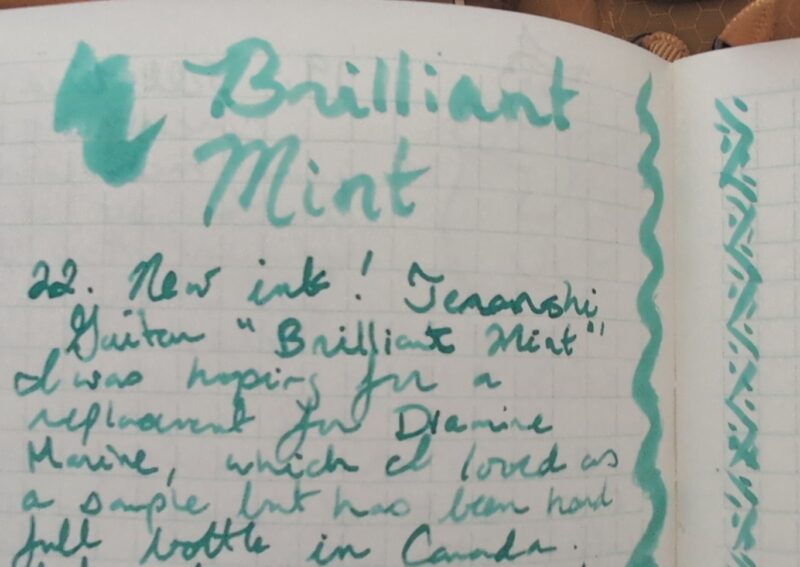 A writing sample in Teranishi Guitar Brilliant Mint. The ink name is drawn with a paintbrush and the text is written with a Sailor Dipton Fude.