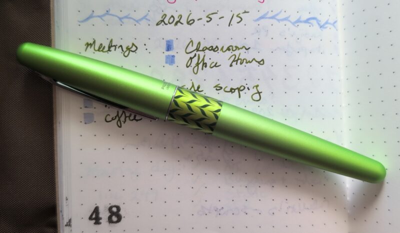 Green Pilot Metropolitan Retro Pop on top of some unfinished todo list from May 15th in my work notebook.