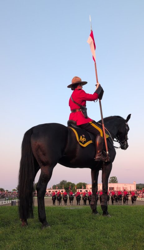 RCMP Musical Ride. There is one black horse with mountie rider holding a lance in the foreground, and the others are visible in the outdoor arena below, all standing at attention for the lowering of the flag at sunset.