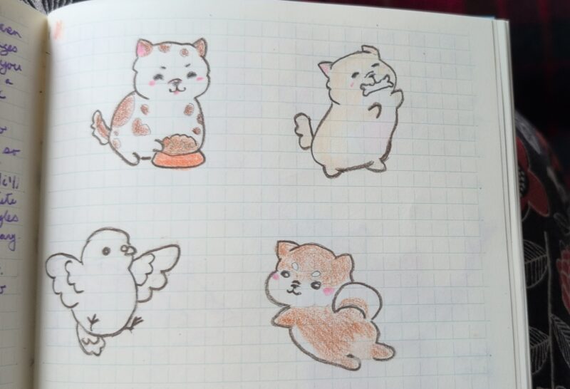 Drawing exercises from Kawaii Doggies and Kawaii Birdies, shown in my MD Paper notebook.