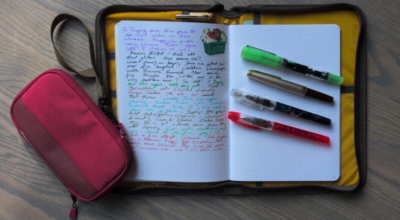 Inside of the Mugoubuni notebook with a page trying different pens/inks.  My new lineup of pens for this month is sitting on the blank right hand page beside the writing.