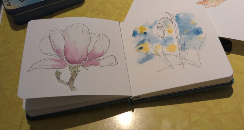 A couple of flower painting exercises on my beloved vintage yellow table. They depict a magnolia and snowdrop.