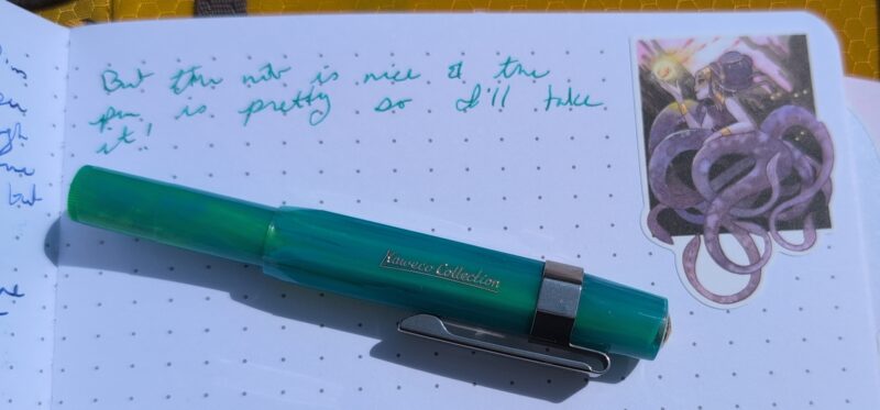 Diamine Cool Green wirting sample in my journal with Kaweco Sport pen, fine nib, "marble ocean" colour. Also a cool sticker.