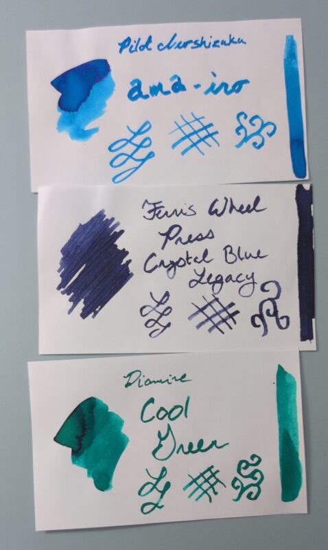 August 2026 Inks: Pilot iroshizuku ama-iro (bright blue), Ferris Wheel Press Crystal Blue Legacy (dark purple/blue), Diamine Cool Green (green/teal)