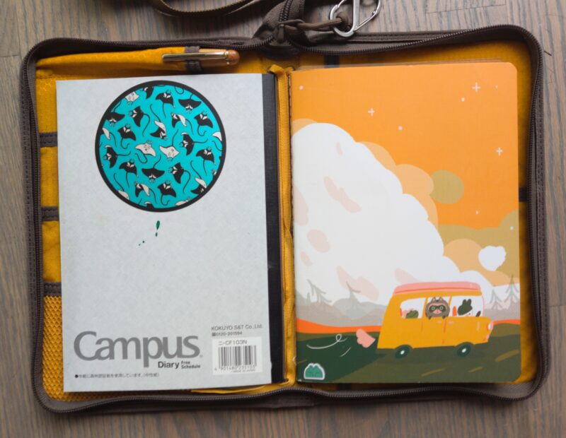 The other side of my monthly calendar, showing a nice big sticker, and the Mugobunni A5 notebook with the camper van on it.