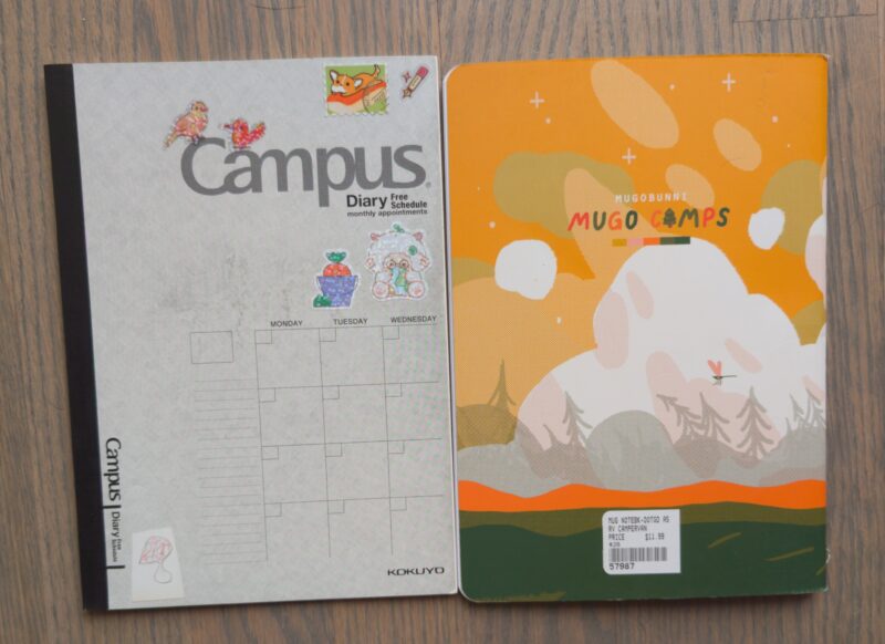 Outgoing Campus Free Diary monthly calendar and Mugobunni A5 journal.